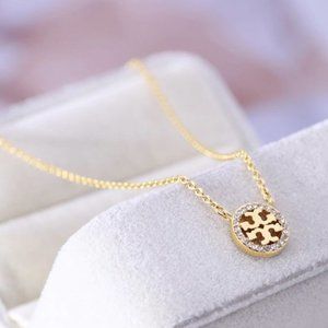 Tory Burch Gold Crystal Logo Circle Necklace W/Bag